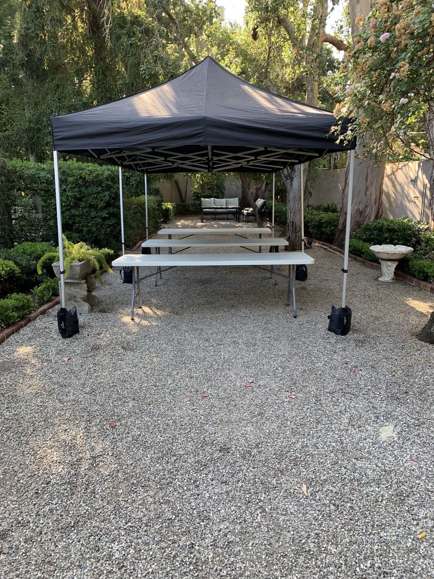 Black tents, white tents and blue tents! Oh my! — Sunset black canopy lunch tent in a garden setting