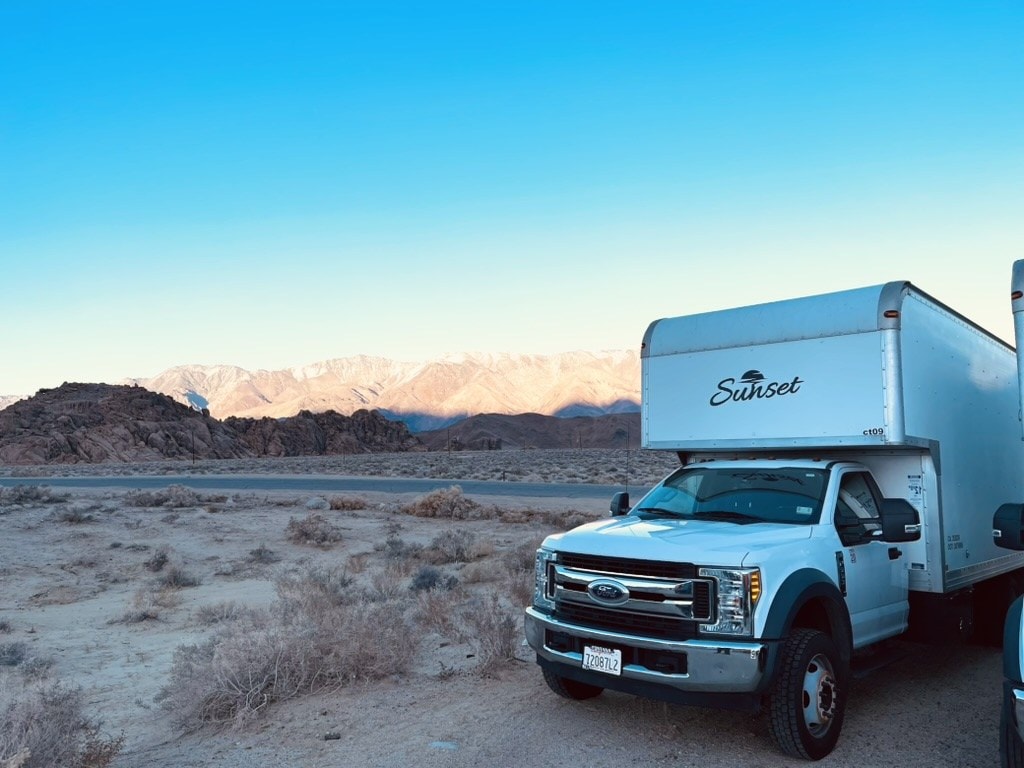 Cube truck in desert mountains